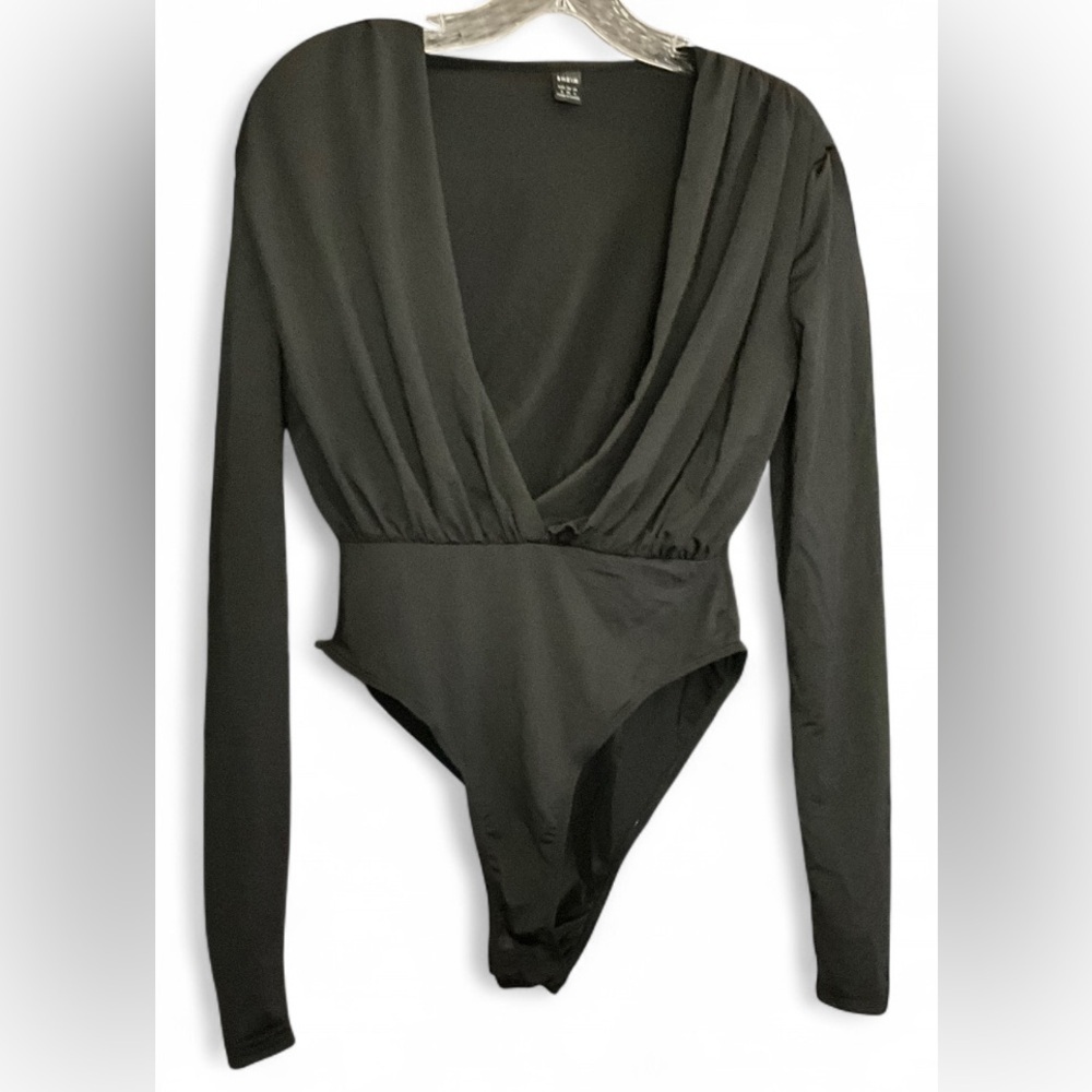 SHEIN Black V-Neck Bodysuit Women’s Small Shoulder Pad Long Sleeve One Piece Top